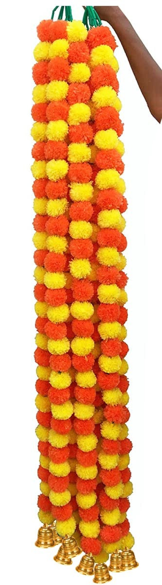 Artificial Marigold Flowers for Decoration Long Flower Garlands With Bells (5 Strings) FG-2