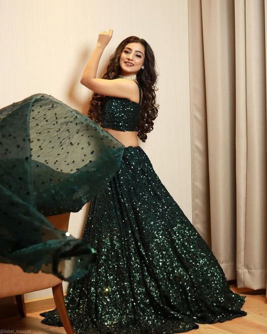 Taffeta Satin Silk Lehenga choli For women's, Dark Green Lehenga, Lehenga 15-HR18