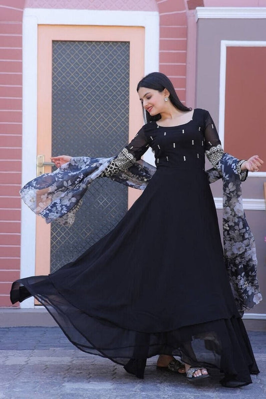 Faux Blooming With Sequence Multi & Zari Embroidery Work Anarkali Gown Dupatta