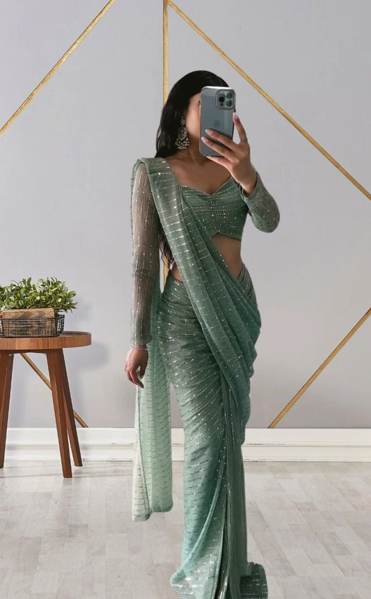 Mint Green Imported Premium Net Ready To Wear Saree