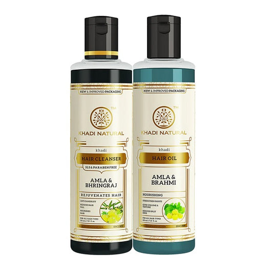 Khadi Natural Amla & Bhringraj Sls & Paraben Free Cleanser + Amla & Brahmi Hair Oil (210 ml Each, Pack of 2)