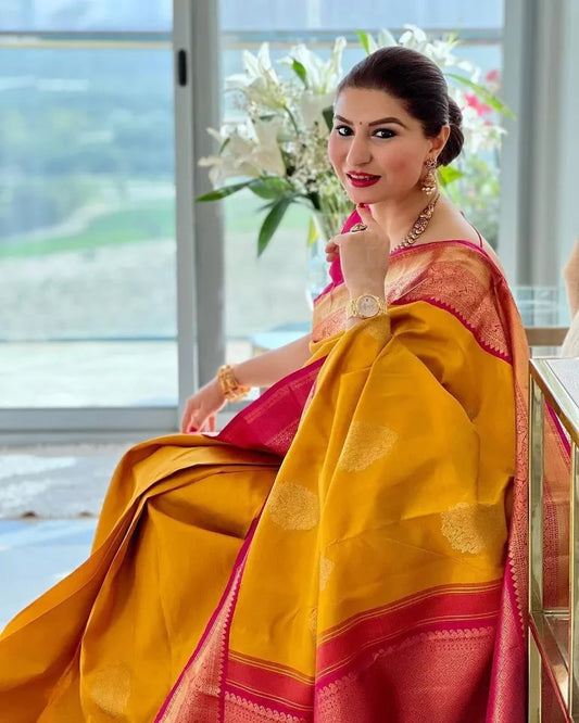 Yellow Soft Lichi Silk Jacquard Work  Saree