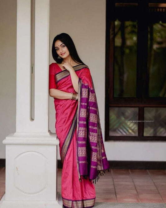 Soft Lichi Silk &  Jacquard Work Saree With Blouse