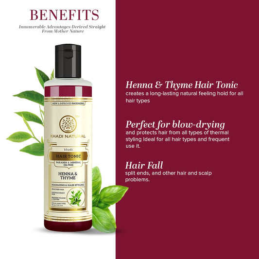 Khadi Natural Henna Thyme Hair Tonic  For hair volume Protecting hair from styling damages Paraben & Mineral Oil Free Suitable for all hair types 210ml