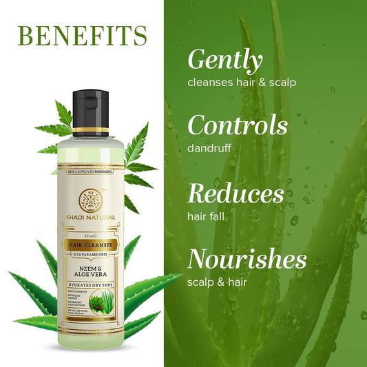 Khadi Natural Neem And Aloevera Herbal Hair Cleanser Shampoo Gets hair rid of Dandruff Cools the scalp SLS And Paraben Free 210 Ml