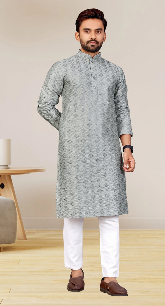 Pure Silk Blend With Embroidery Sequence Work Kurta Pajama Set