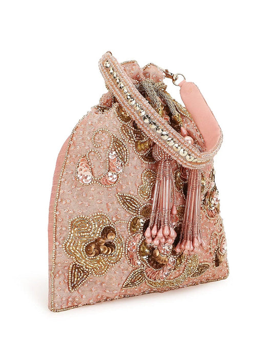 Dusky Pink & Gold Floral Embellished Faux Silk Potli Bag