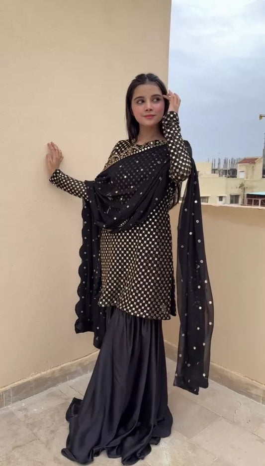 Pakistani Faux Georgette Top Sharara Dupatta