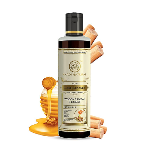 Khadi Natural Woody Sandal & Honey Hair Cleanser Fights dandruff Softens rough hairSLS & Paraben Free Suitable for all hair types 210 ml