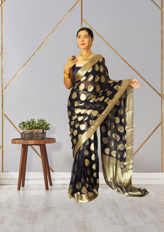 Black Soft Linen Slub One Minute Saree With Blouse