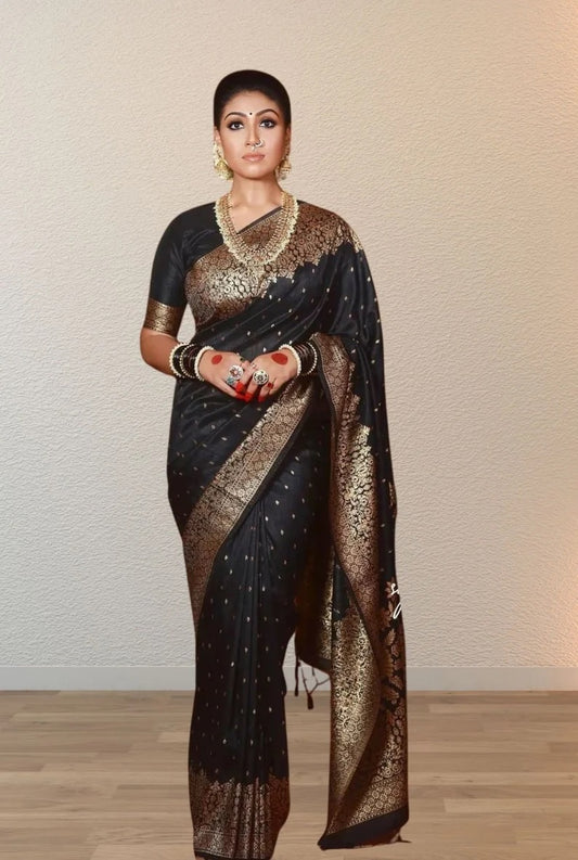 Black Soft Lichi Silk Saree