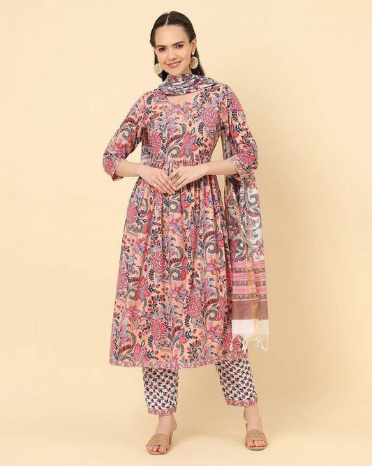 Women's Traditional Heavy Cotton Printed Kurta with Pant and Dupatta