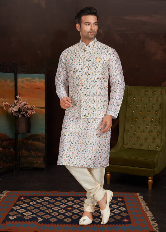 Malai Silk Kurta Pajama With Jacket Set For Men's