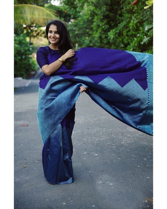 Blue Soft Lichi Silk Saree Heavy Sari