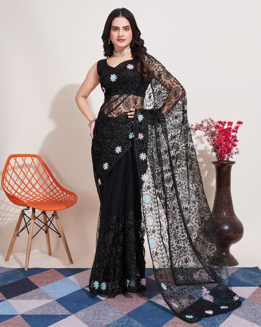 Soft Net & Chikankari Embroidery Work Saree With Blouse