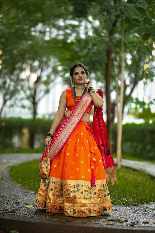 Orange Silk Paithani Weaving Zari Work Lehenga