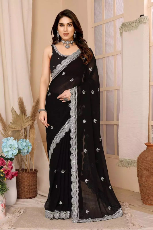 NavyBlue Ethnic Traditional Party Zomato Chiffon Silk Saree Women