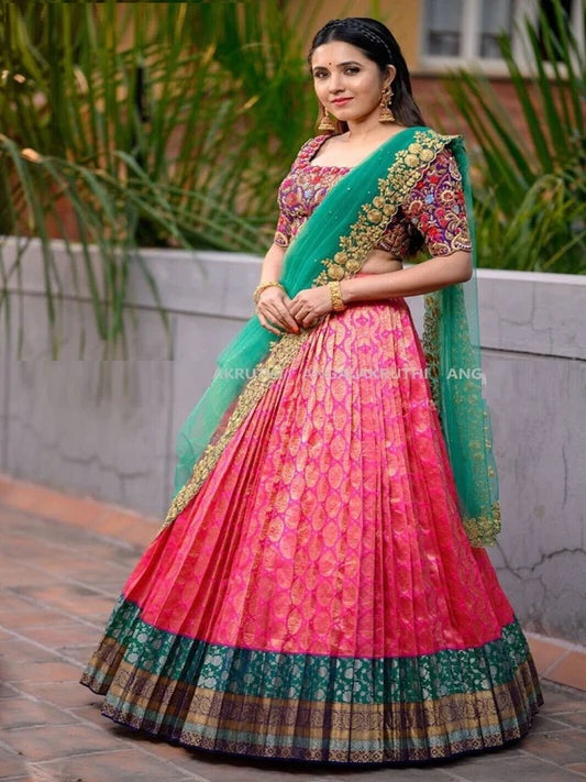 Pink Color South Indian Kanjivaram Silk Half Saree Wedding Ethnic Lehenga