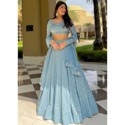 Sky Blue Georgette Embroidery Work Lehenga Blouse Dupatta For Bridal Wear Chaniya Choli Wedding Lengha RTC