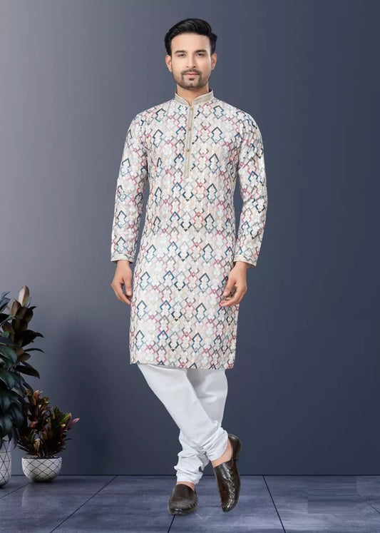 Men's Rayon Silk With Sequence and lakhnowi Work Kurta Pajama Set