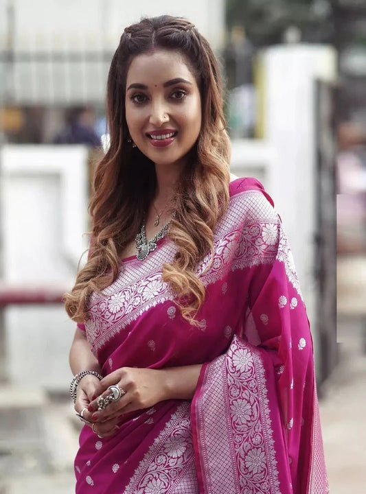 Pink Lichi Silk Banarasi Saree