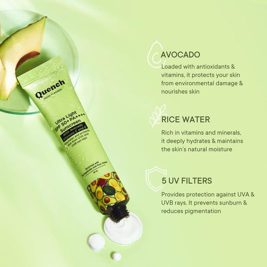 Quench Vitamin E Ultra Light SPF 50+ PA++++ Sunscreen for Glowing Skin  -15ml