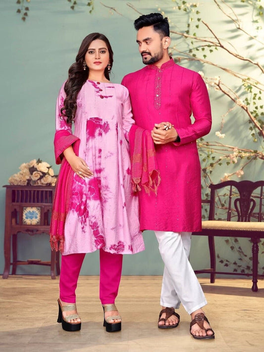 Wedding Wear Couple Kurta And Kurti Set Pure Viscos Men Women Kurta Pajama SP