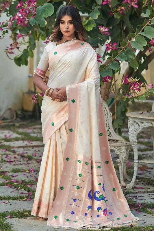 Off White Soft Lichi Silk Saree With Rich Butti Weaving Blouse