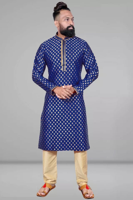 Blue Pure Silk Jacquard Embroidery Kurta Pajama