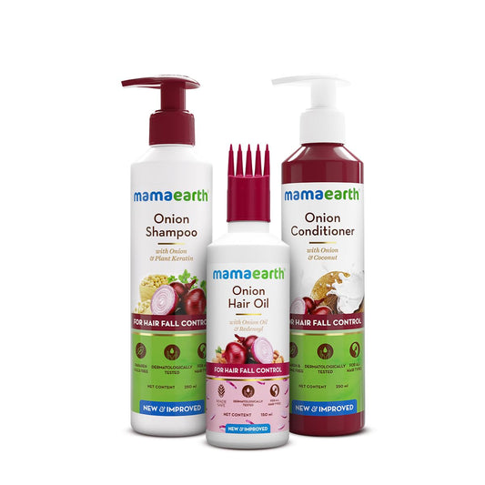Mamaearth Hair Fall Reduction Combo Shampoo 250 ml + Onion Conditioner 250 ml + Onion Hair Oil 150 ml
