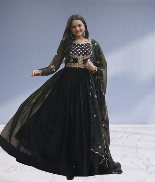 Faux Blooming with Sequins Embroidered work Anarkali Gown Long Dress