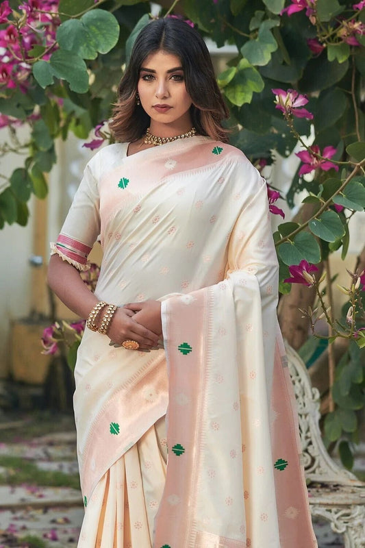 Off White Soft Lichi Silk Saree With Rich Butti Weaving Blouse