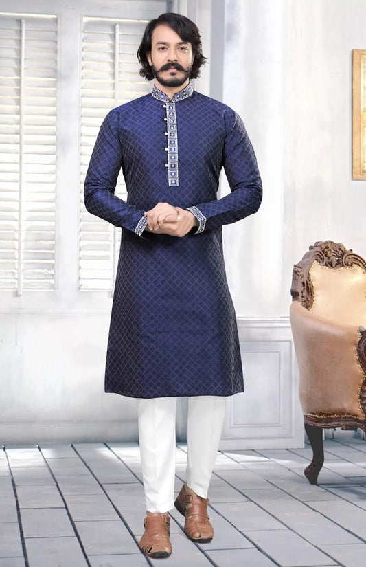 Navy Blue Pure Silk Jequard Embroidery Work Men's Kurta