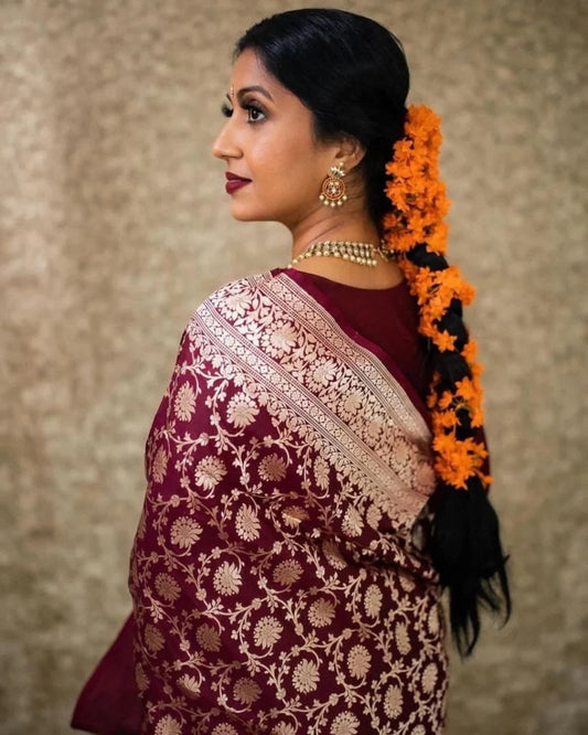 Maroon Soft Lichi Silk & Jacquard Work Saree With Blouse