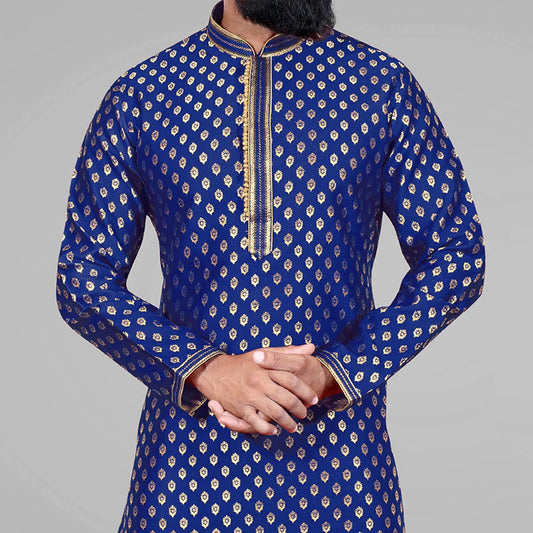 Blue Pure Silk Jacquard Embroidery Kurta Pajama