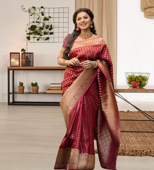 Maroon Soft Lichi Silk  Beautiful Rich Pallu Saree With Blouse