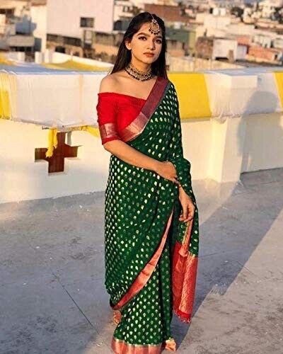 Green Soft Lichi Silk Saree With Blouse