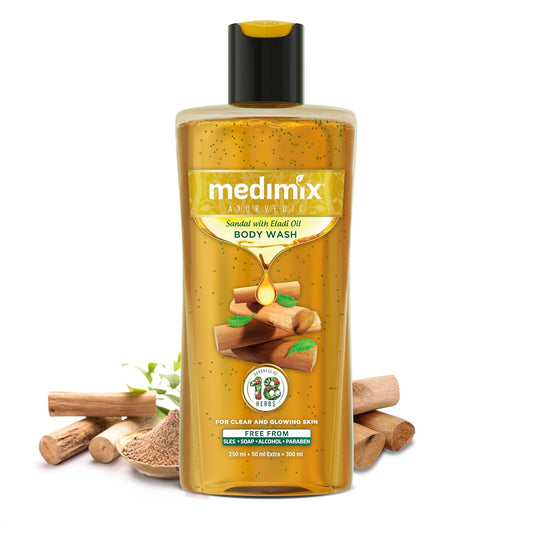 Medimix Ayurvedic Body wash, Sandal With Eladi Oil Clear, Glowing And Tan-Free Skin 250ml + 50ml Shower Gel