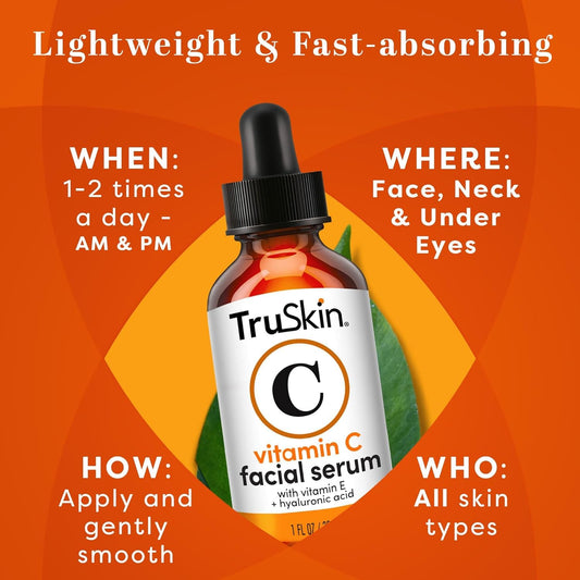 Tru-Skin Vitamin C Face Serum – Anti Aging Facial Serum with Vitamin C, Hyaluronic Acid, Vitamin E & More – Brightening Serum for Dark Spots, Even Skin Tone, Eye Area, Fine Lines, 1 Fl Oz,30ML