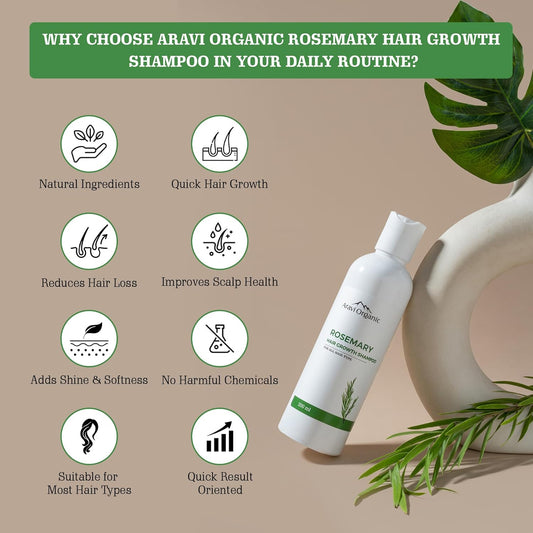 Aravi Organic Rosemary Hair Growth Shampoo -  For All Hair Types - For Men & Women - Sulfate & Paraben Free 200 ml