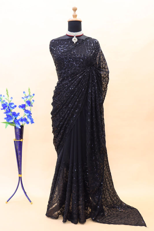 Black Georgette Embroidery Sequence Work Saree