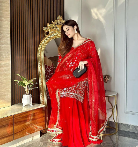 Red Blooming Georgette With Embroidery Work Top Bottom & Dupatta