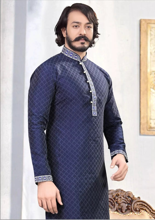 Navy Blue Pure Silk Jequard Embroidery Work Men's Kurta