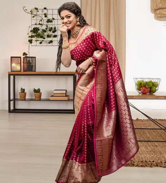 Maroon Soft Lichi Silk  Beautiful Rich Pallu Saree With Blouse