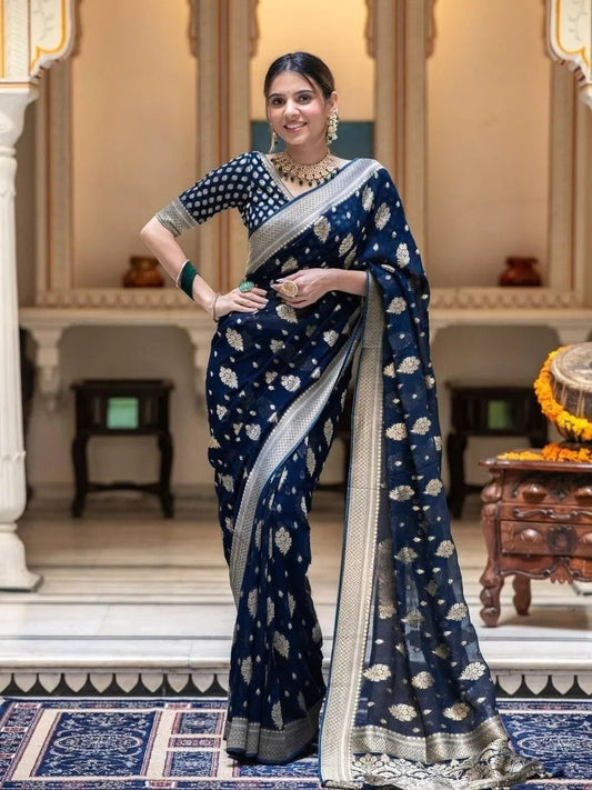 Women Navy Blue Banarasi Soft Silk Saree