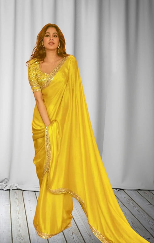 Yellow Moss chiffon & Sequence Embroidered Work Saree With Blouse