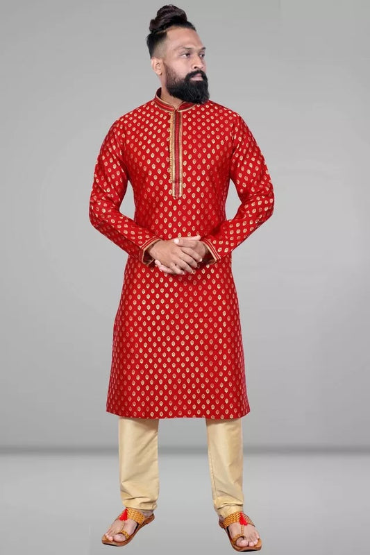 Pure Silk Jacquard Embroidery Kurta Pajama For Men's