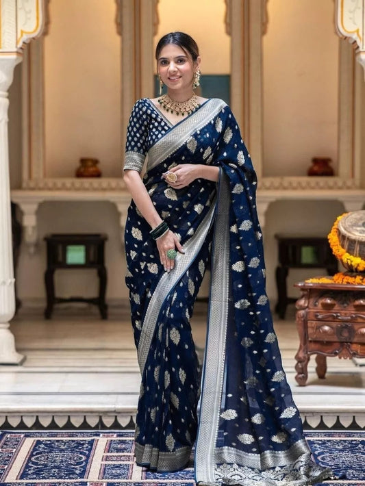 Women Navy Blue Banarasi Soft Silk Saree