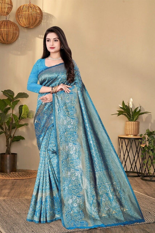 Sky Blue Banarsi Soft Silk Saree With Contrast Running Blouse