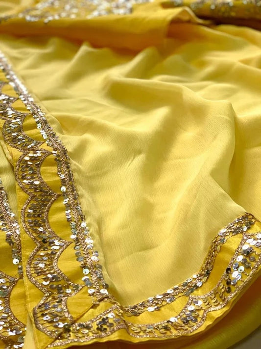 Yellow Moss chiffon & Sequence Embroidered Work Saree With Blouse